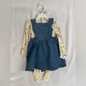 Carter’s Ruffle Overall Dress with Long Sleeve Apple Printed Onesie and Tights